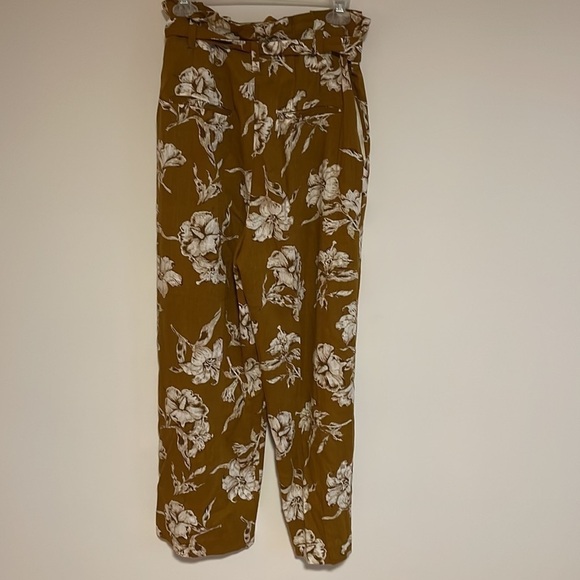 ZARA Paper Bag Waist Floral Pants Medium Tie Mustard Yellow Linen Straight - Picture 8 of 14